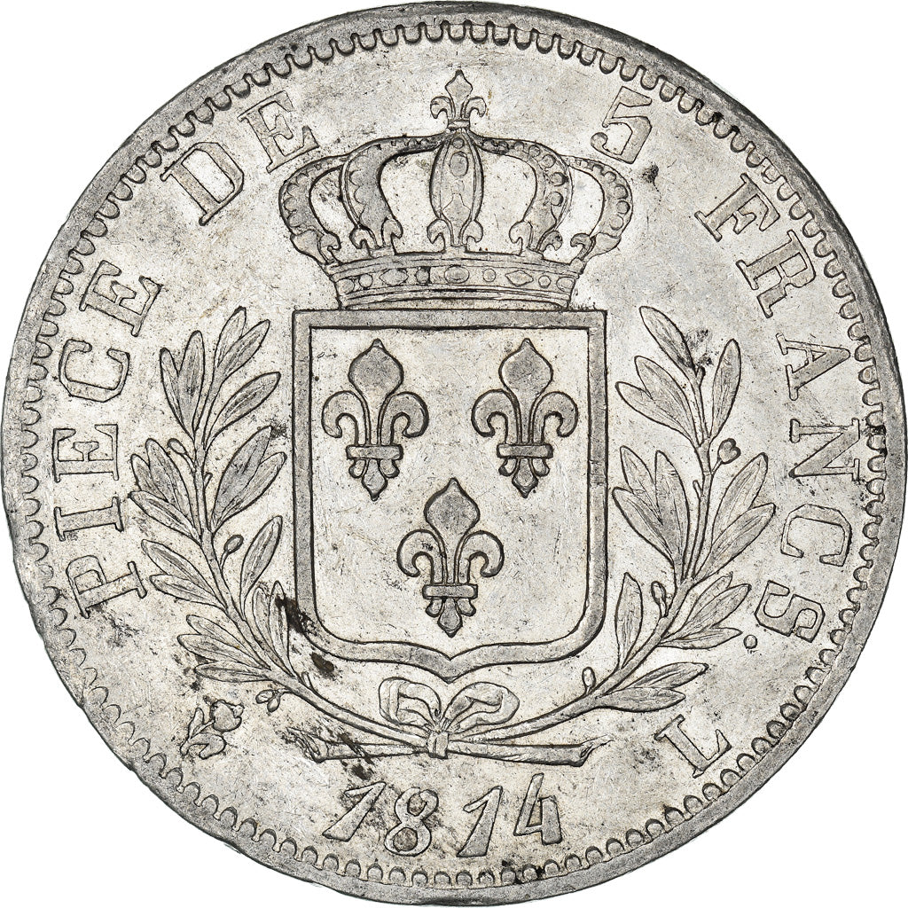 Moneda, Francia, Louis XVIII, Louis XVIII, 5 Francs, 1814, Bayonne, MBC+, Plata