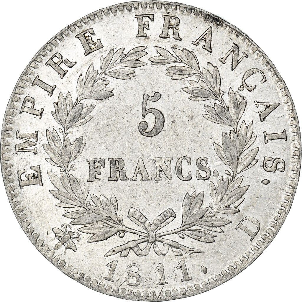 Moneta, Francja, Napoléon I, 5 Francs, 1811, Lyon, AU(50-53), Srebro, KM:694.5