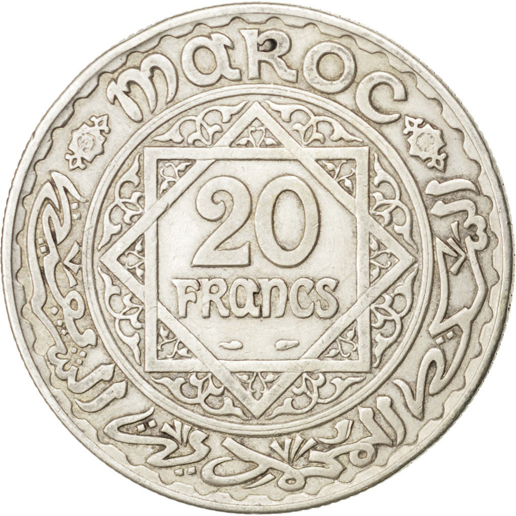 MOROCCO, 20 Francs, 1933, Paris, KM #39, EF(40-45), Silver, 35, Lecompte #271,..