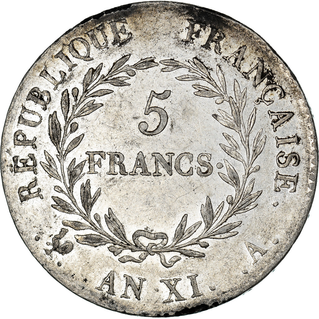 Münze, Frankreich, Napoleon I, 5 Francs, An XI, Paris, SS+, Silber, KM:650.1