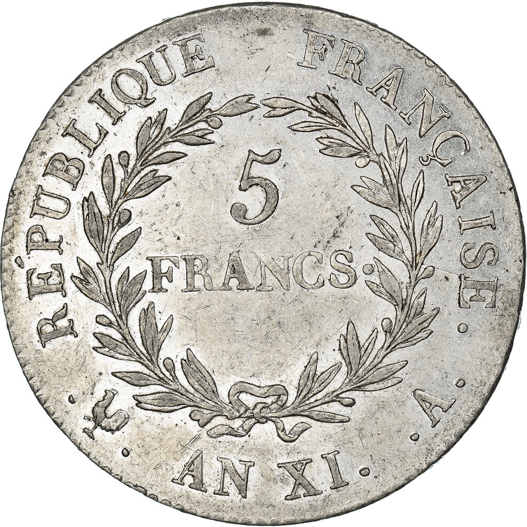 Monnaie, France, Napoleon I, 5 Francs, An XI, Paris, TTB+, Argent, Gadoury:577