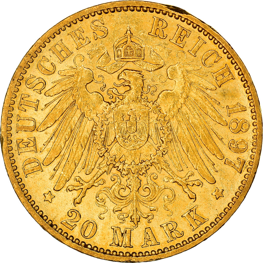 Moneta, Stati tedeschi, PRUSSIA, Wilhelm II, 20 Mark, 1897, Berlin, BB+, Oro