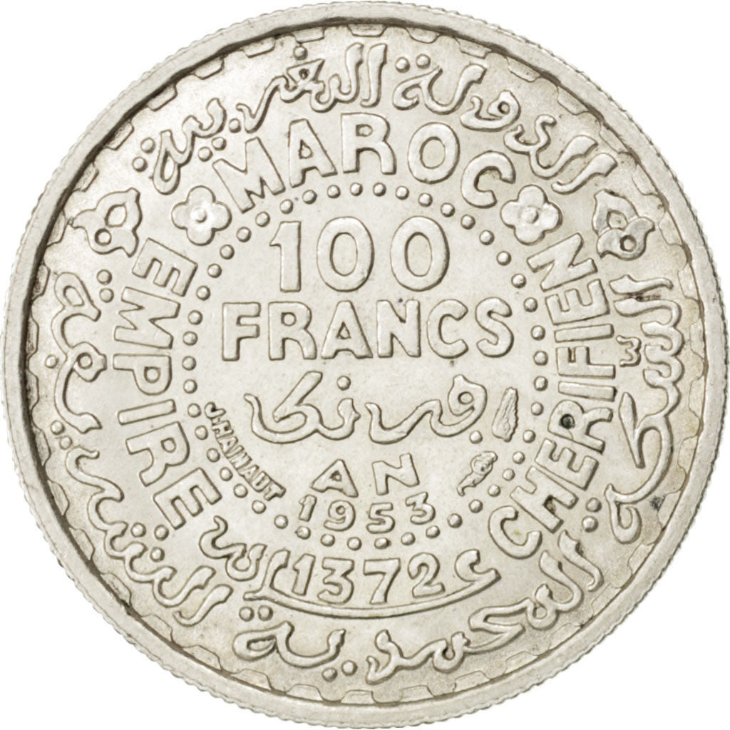 MOROCCO, 100 Francs, 1953, Paris, KM #52, AU(50-53), Silver, Lecompte #288, 4.00
