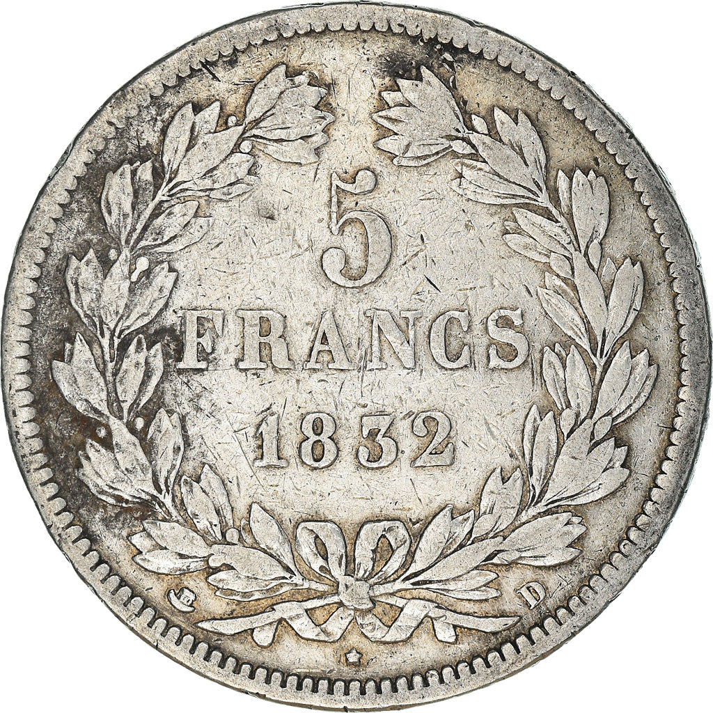 Coin, France, Louis-Philippe, 5 Francs, 1832, Lyon, VF(20-25), Silver, KM:749.4