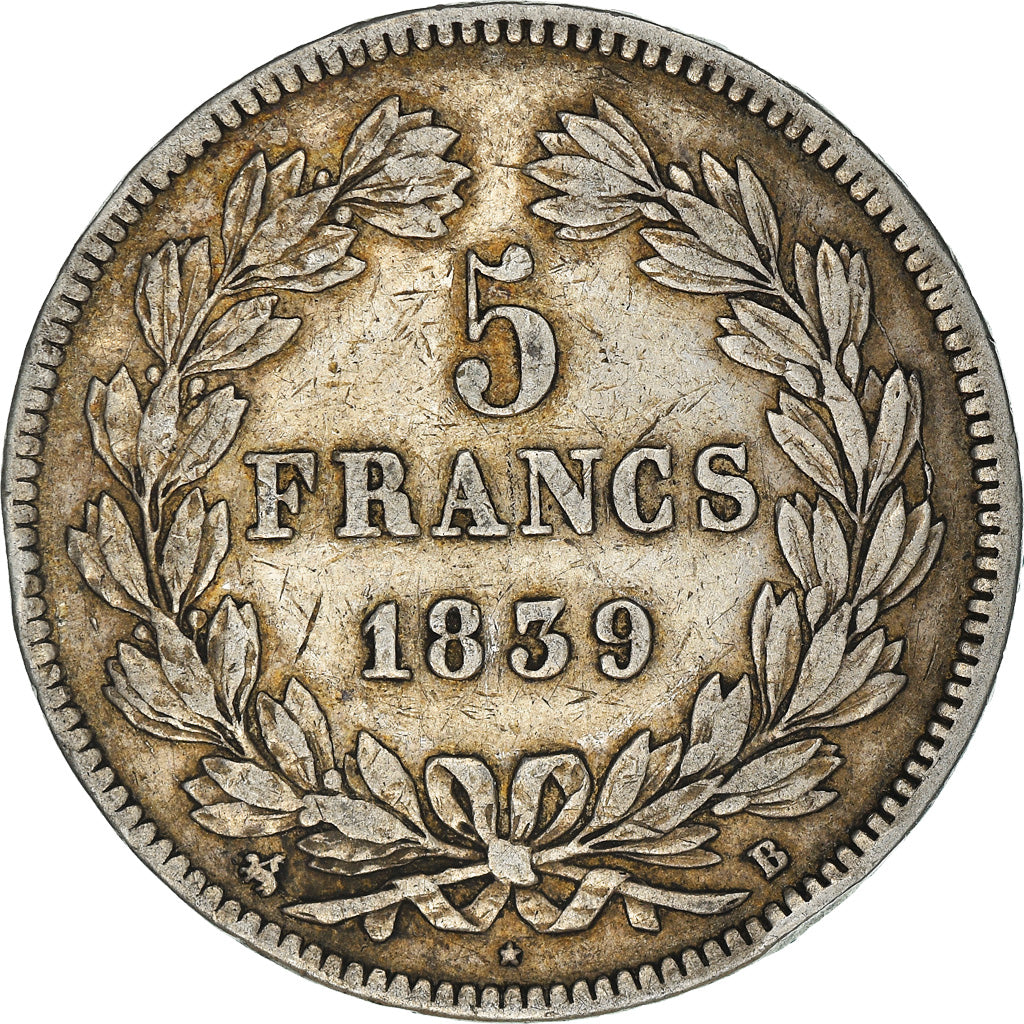 Moeda, França, Louis-Philippe, 5 Francs, 1839, Rouen, VF(30-35), Prata