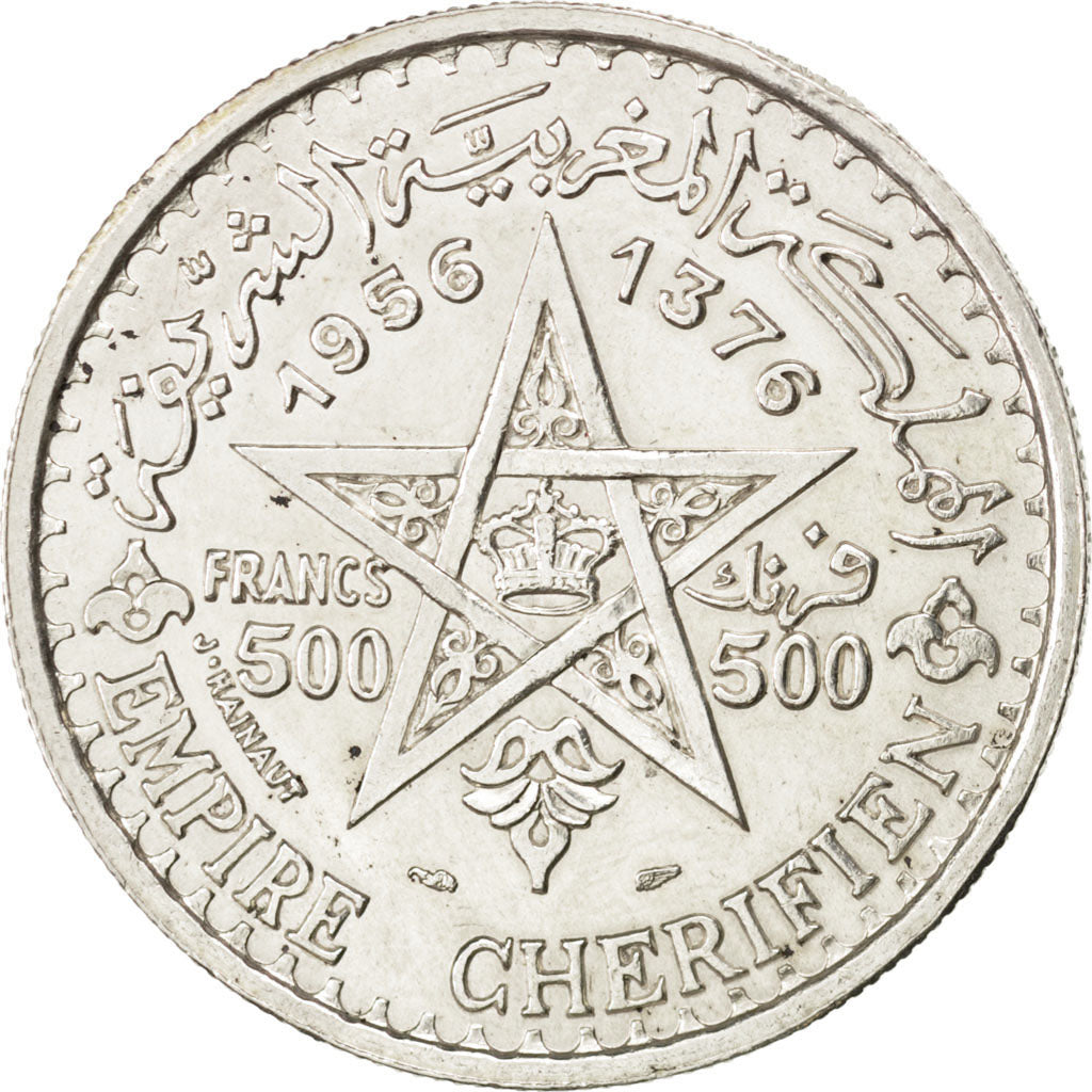MOROCCO, 500 Francs, 1956, Paris, KM #54, EF(40-45), Silver, 38, Lecompte #293,.