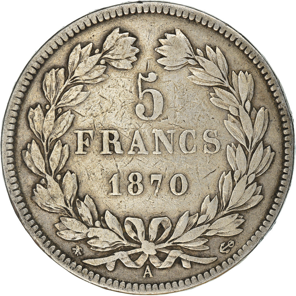 Moneda, Francia, Cérès, 5 Francs, 1870, Paris, BC+, Plata, KM:819, Gadoury:743