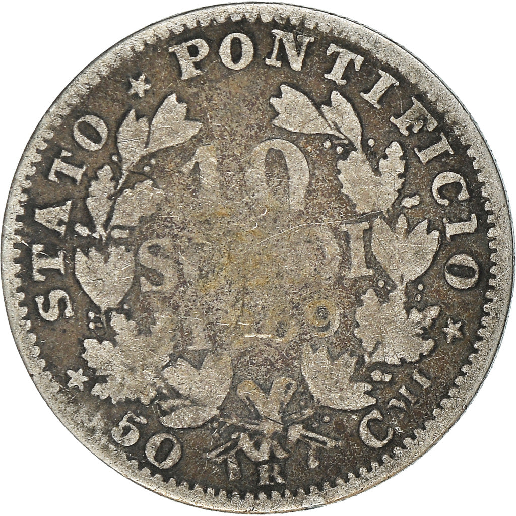 Moeda, ESTADOS ITALIANOS, PAPAL STATES, Pius IX, 10 Soldi, 50 Centesimi, 1869
