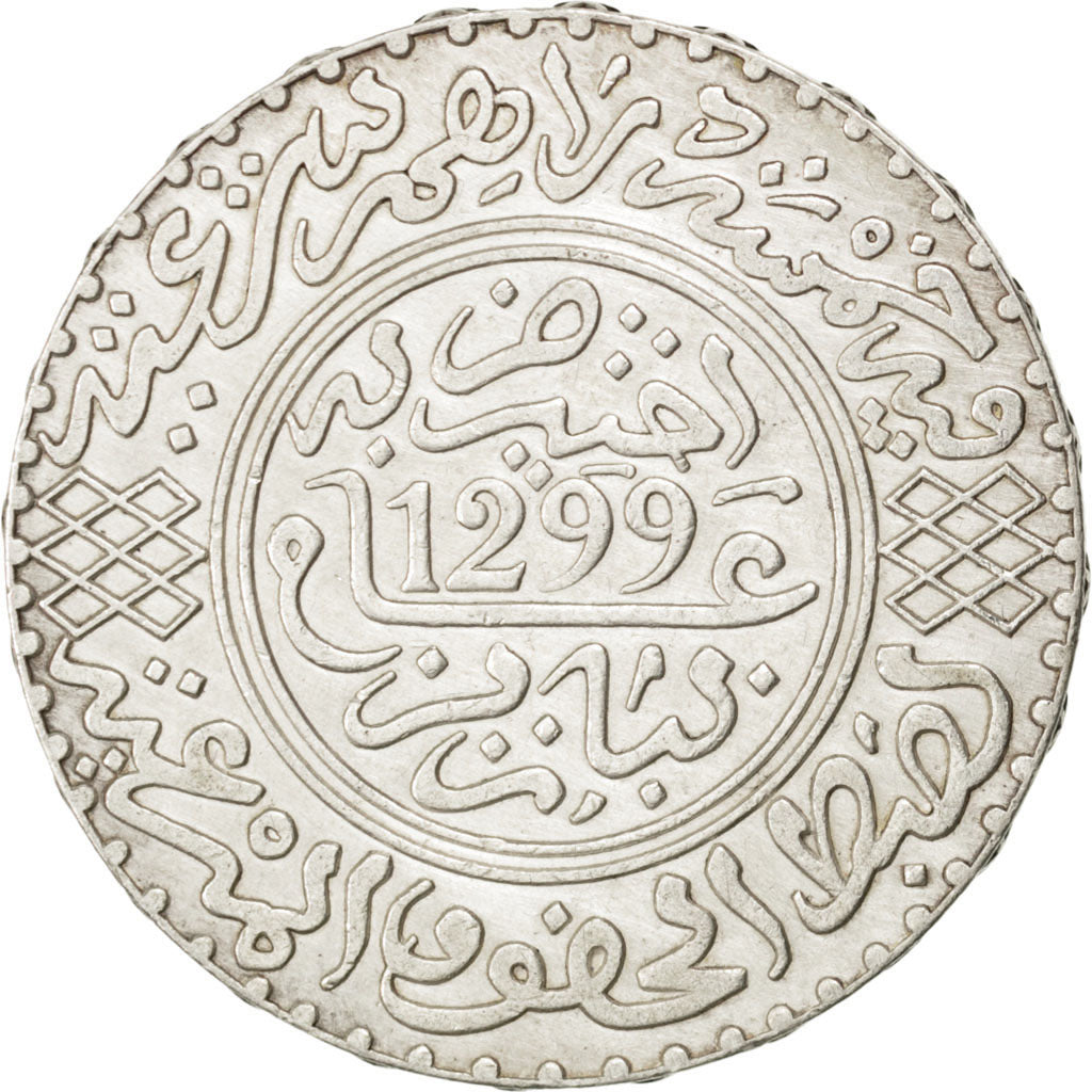 Coin, Morocco, Moulay al-Hasan I, 5 Dirhams, 1881, Paris, AU(50-53), Silver