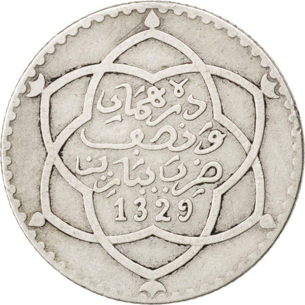 MOROCCO, 1/4 Rial, 2-1/2 Dirhams, 1911, bi-Bariz, KM #23, VF(30-35), Silver,...