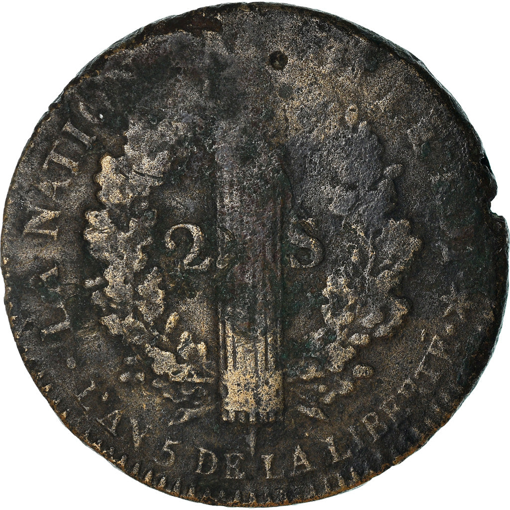 Moneta, Francia, 2 sols français, 2 Sols, 1793, Strasbourg, MB, Bronzo, KM:612