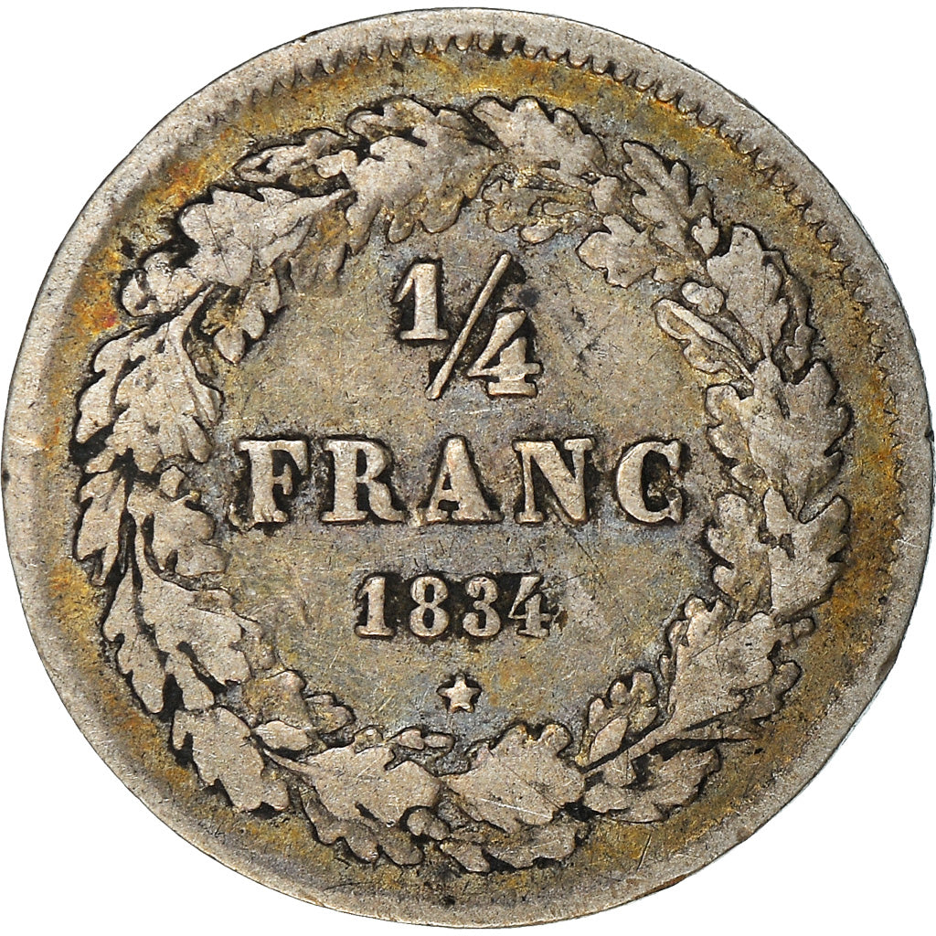 Moneta, Belgio, Leopold I, 1/4 Franc, 1834, MB+, Argento, KM:8