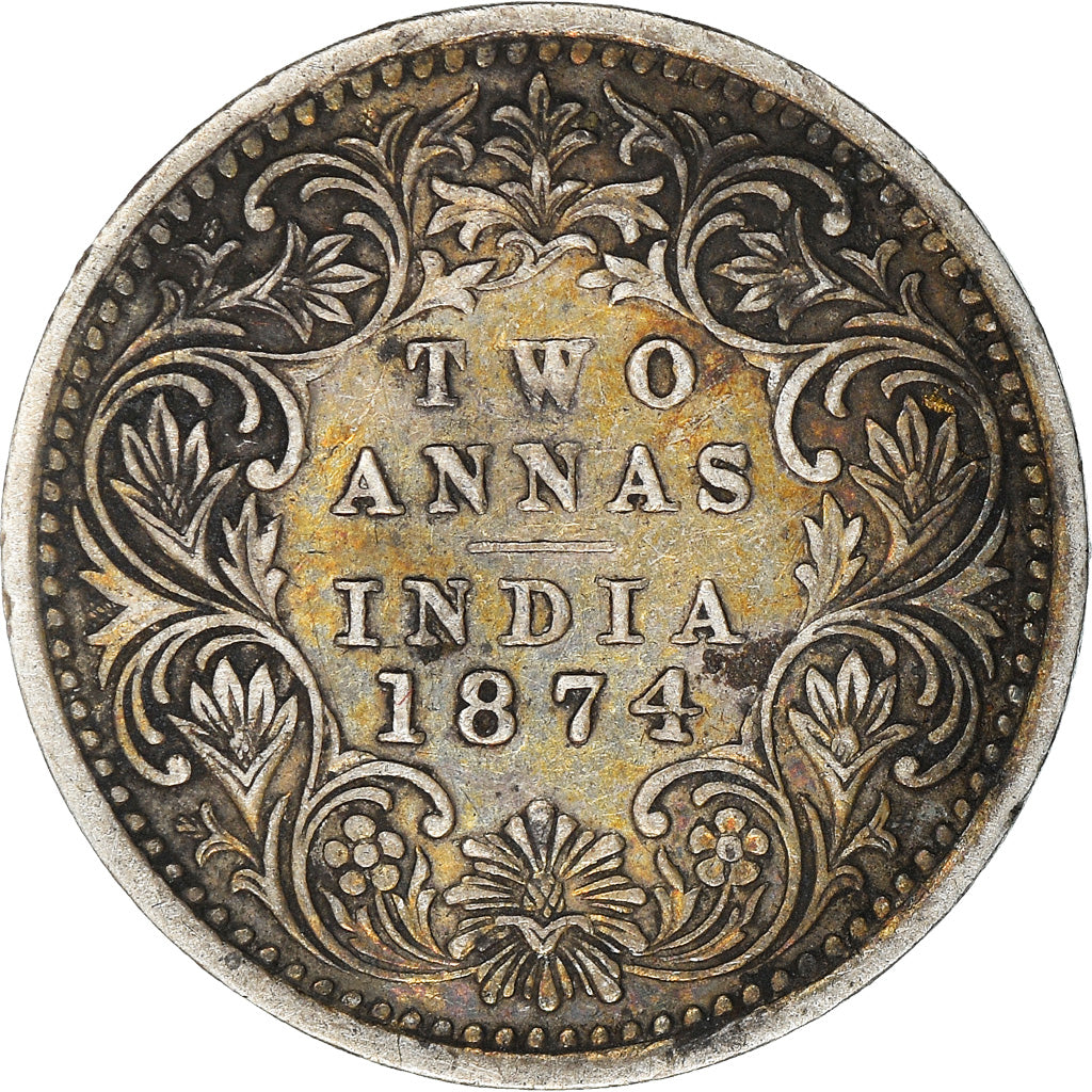 Moneta, INDIA - BRITANNICA, Victoria, 2 Annas, 1874, BB, Argento, KM:469