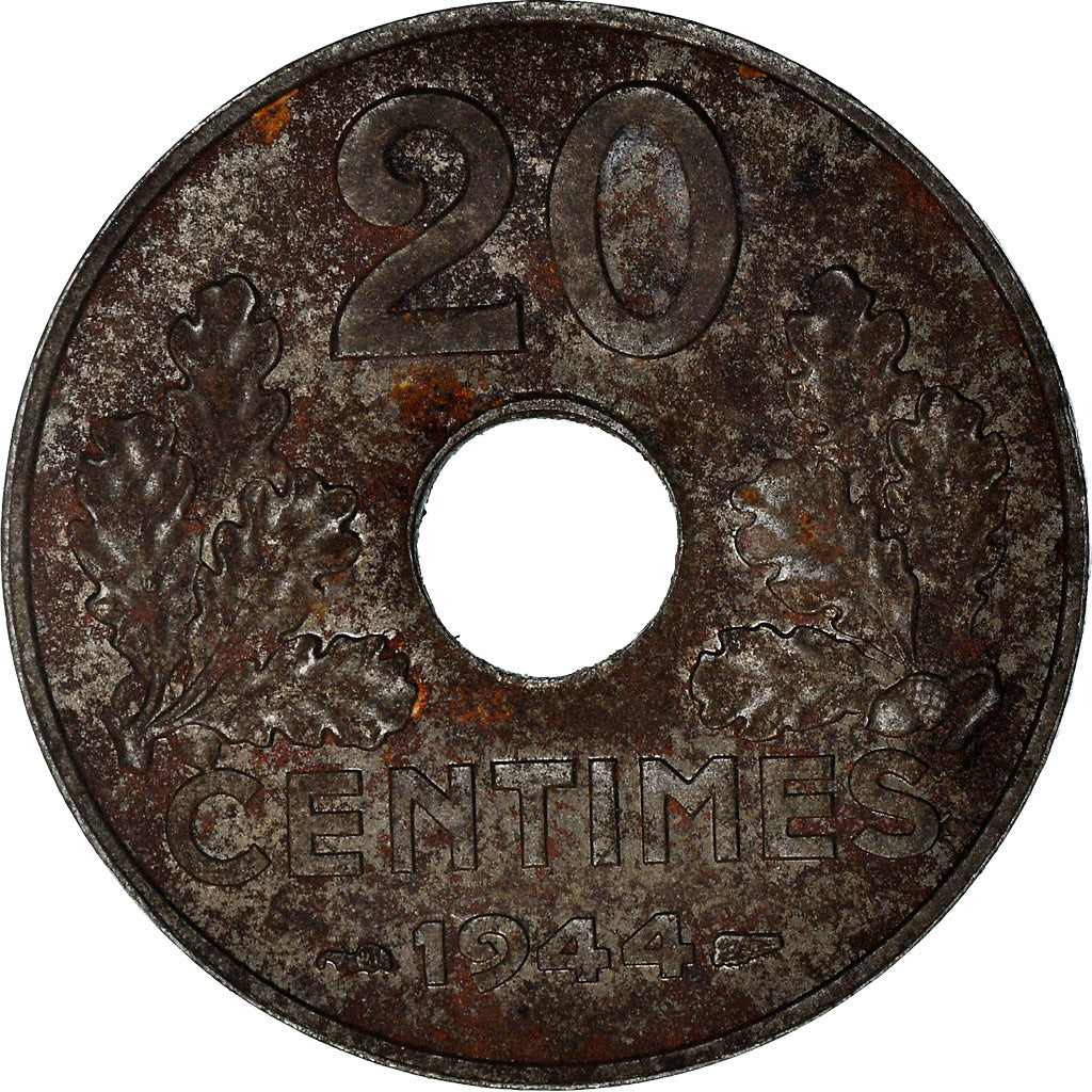 Moeda, França, État français, 20 Centimes, 1944, Paris, EF(40-45), Ferro