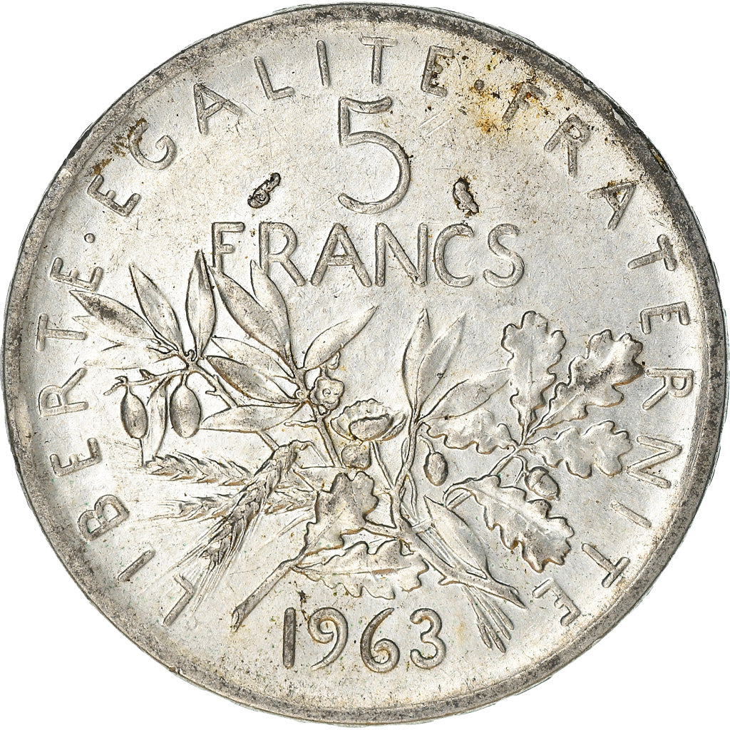 Moeda, França, Semeuse, 5 Francs, 1963, Paris, Fautée, AU(50-53), Prata