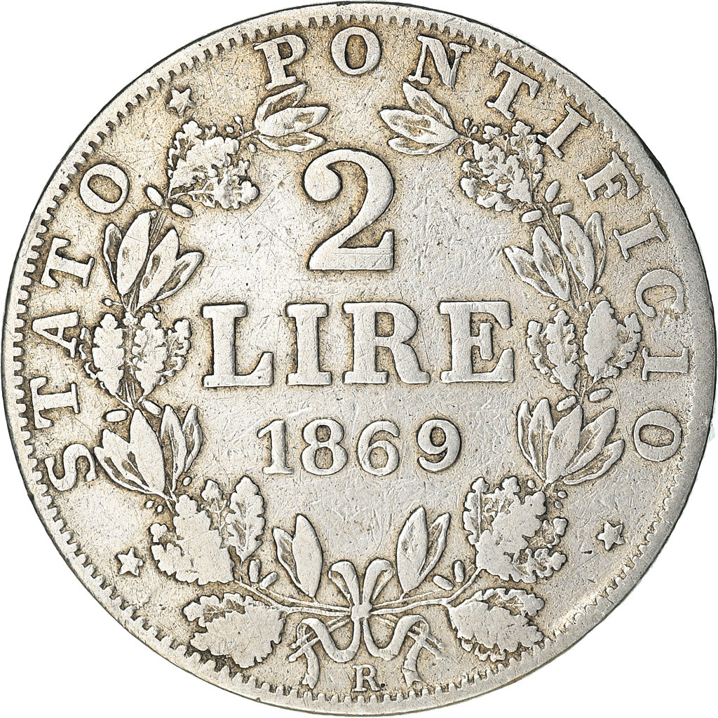 Moneda, Estados italianos, PAPAL STATES, Pius IX, 2 Lire, 1869, Roma, BC+