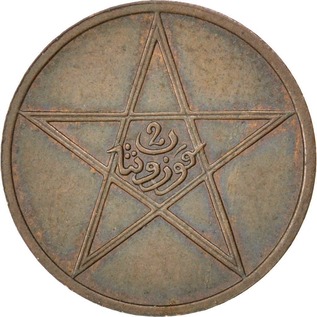 MOROCCO, 2 Mazunas, 1912, bi-Bariz, KM #27, AU(55-58), Bronze, Lecompte #38,...