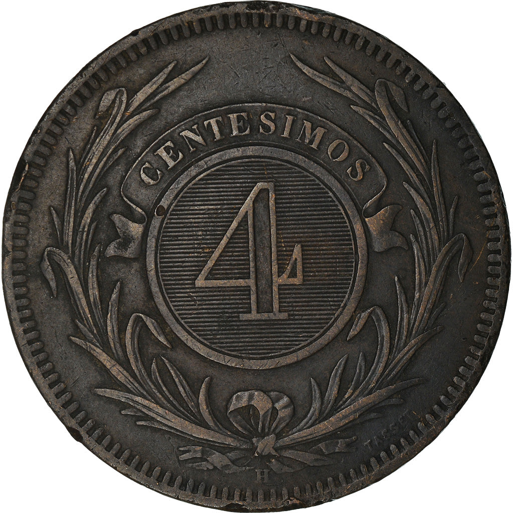 Moneda, Uruguay, 4 Centesimos, 1869, Uruguay Mint, Birmingham, MBC, Bronce