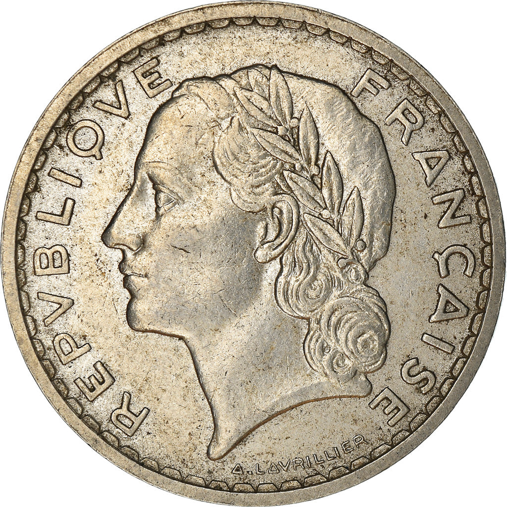 Moneda, Francia, Lavrillier, 5 Francs, 1937, Paris, MBC, Níquel, KM:888