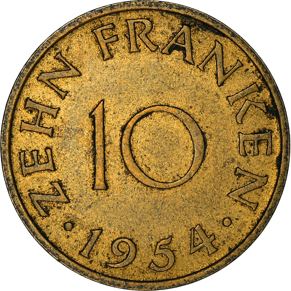 Moneda, SARRE, 10 Franken, 1954, Paris, MBC+, Aluminio - bronce, KM:1