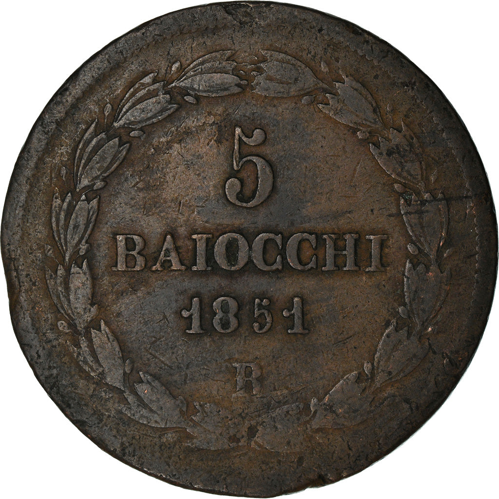 Moneta, DEPARTAMENTY WŁOSKIE, PAPAL STATES, Pius IX, 5 Baiocchi, 1851, Roma