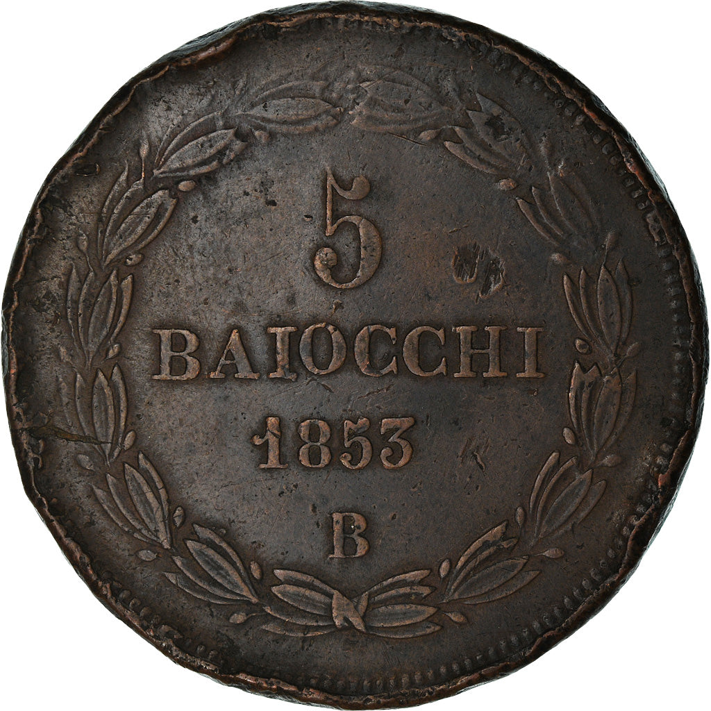 Coin, ITALIAN STATES, PAPAL STATES, Pius IX, 5 Baiocchi, 1853, Bologna