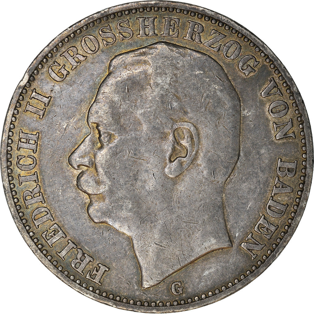 Coin, German States, BADEN, Friedrich II, 3 Mark, 1910, Stuttgart, EF(40-45)