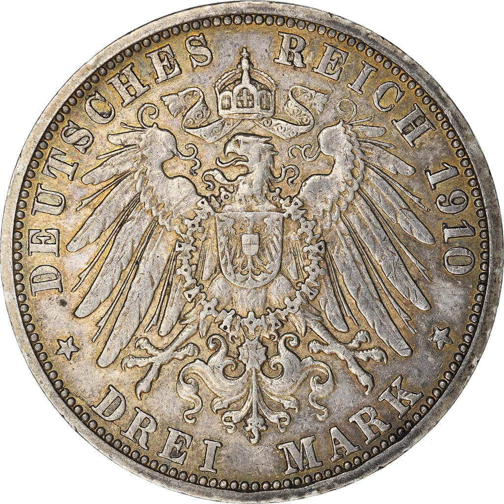 Coin, German States, BADEN, Friedrich II, 3 Mark, 1910, Stuttgart, EF(40-45)