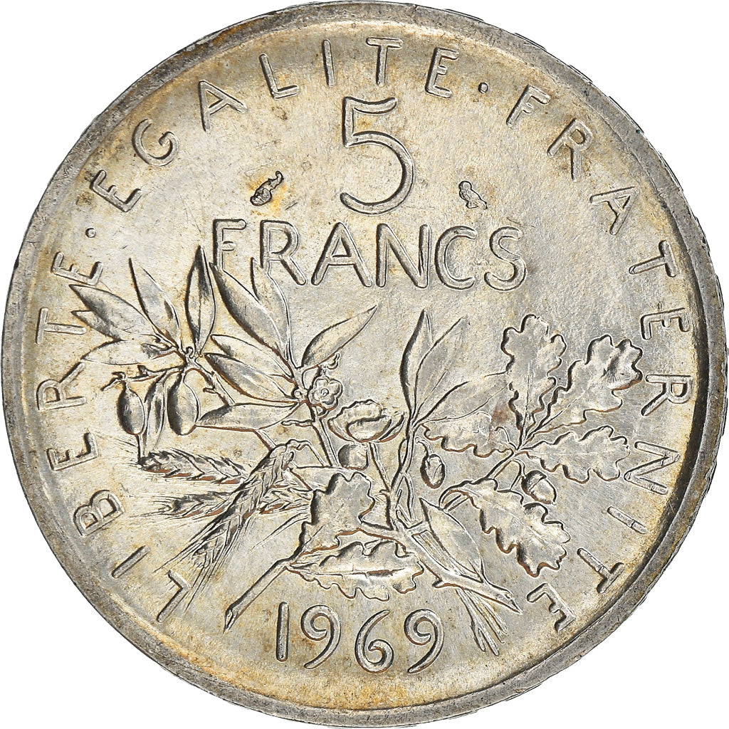 Moeda, França, Semeuse, 5 Francs, 1969, AU(55-58), Prata, KM:926, Gadoury:770