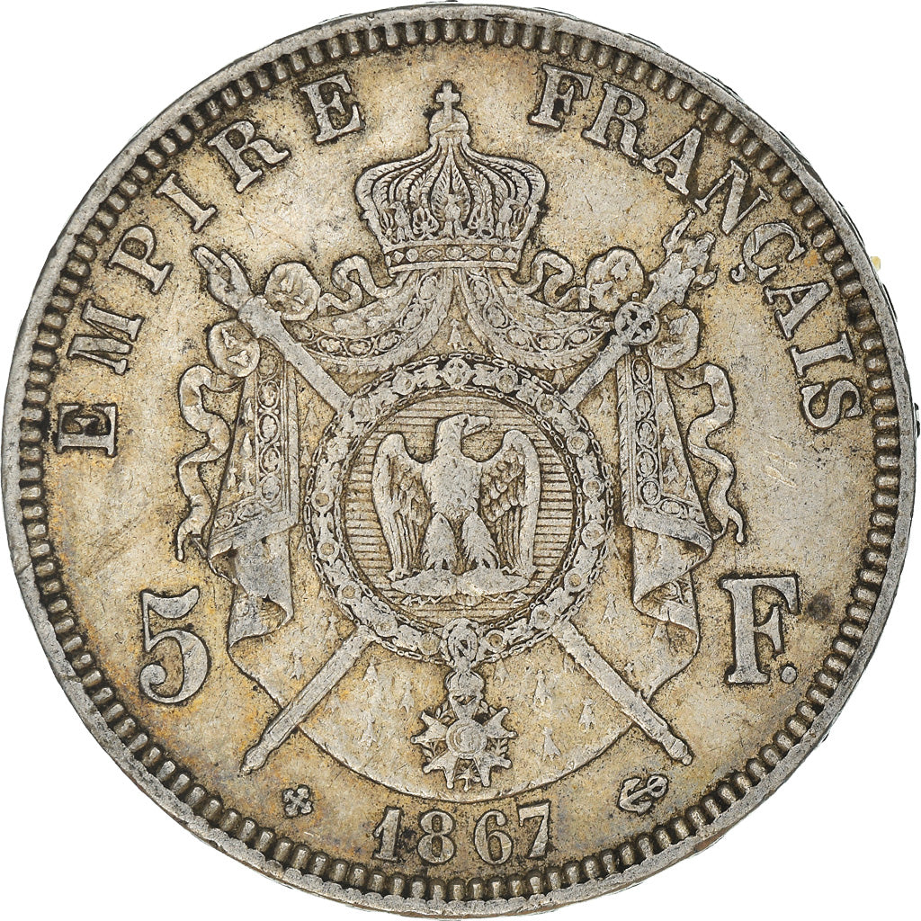 Moeda, França, Napoléon III, 5 Francs, 1867, Strasbourg, EF(40-45), Prata