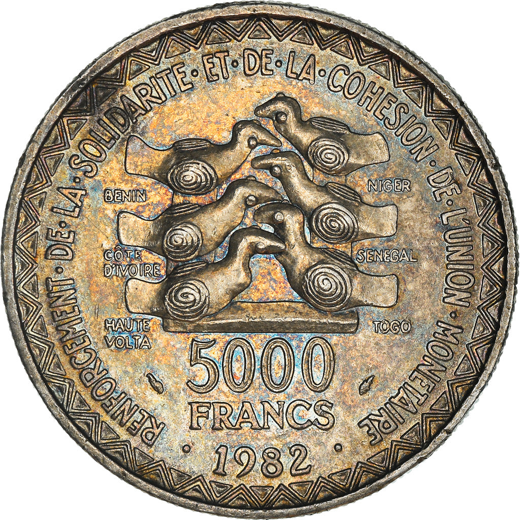Coin, West African States, 5000 Francs, 1982, AU(55-58), Silver, KM:11