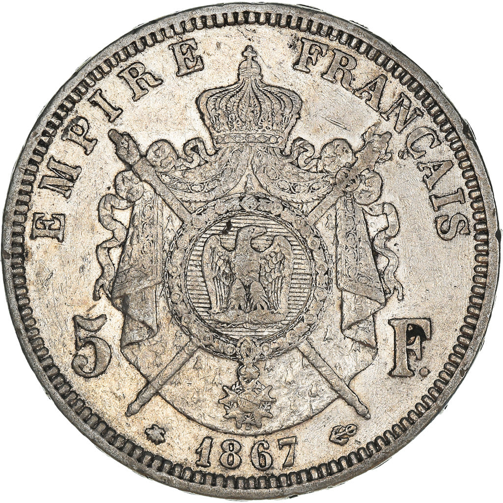 Munten, Frankrijk, Napoleon III, 5 Francs, 1867, Paris, FR+, Zilver, KM:799.1