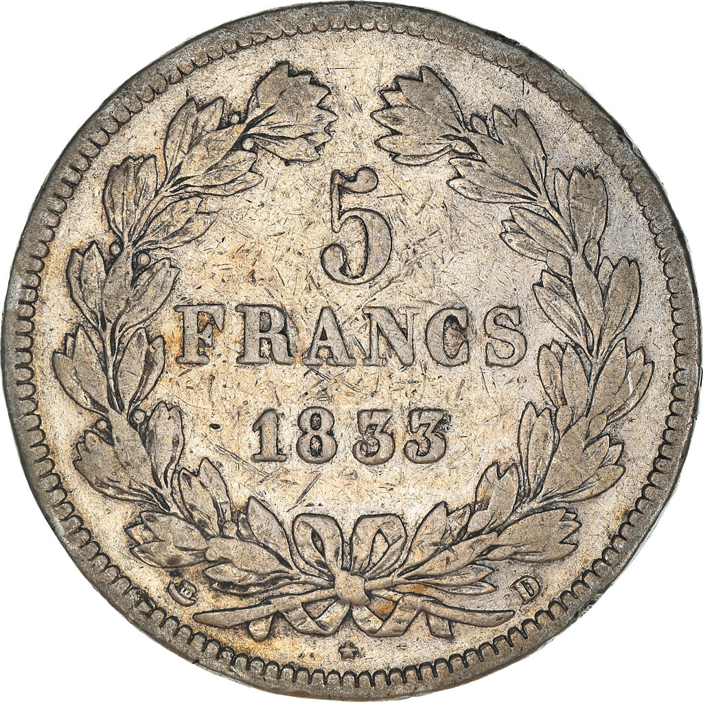 Coin, France, Louis-Philippe, 5 Francs, 1833, Lyon, VF(20-25), Silver, KM:749.4