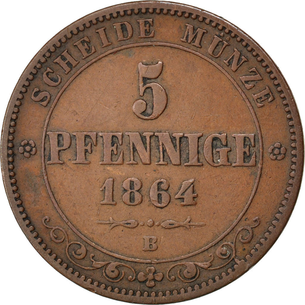 GERMAN STATES, 5 Pfennig, 1864, Dresde, KM #1218, EF(40-45), Copper, 7.35