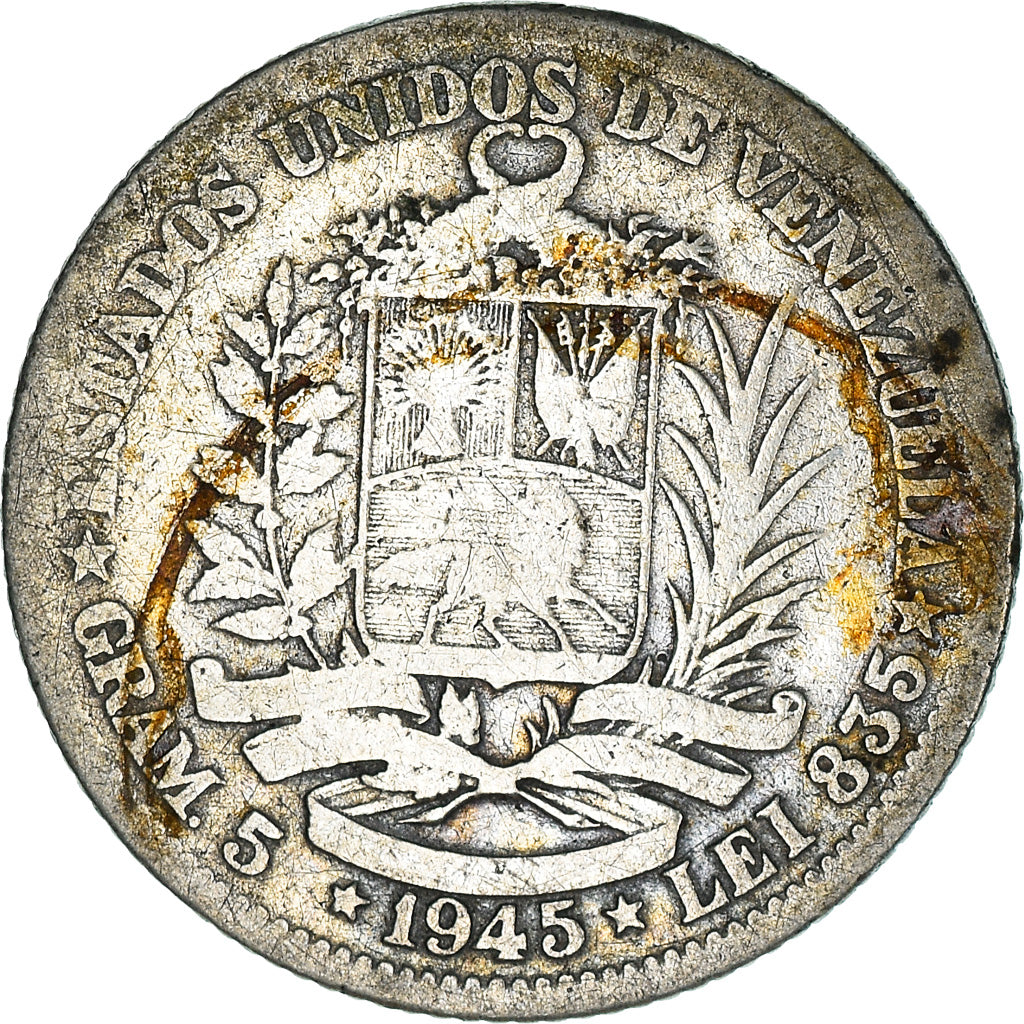 Moneda, Venezuela, Gram 5, Bolivar, 1945, Philadelphia, BC, Plata, KM:22a