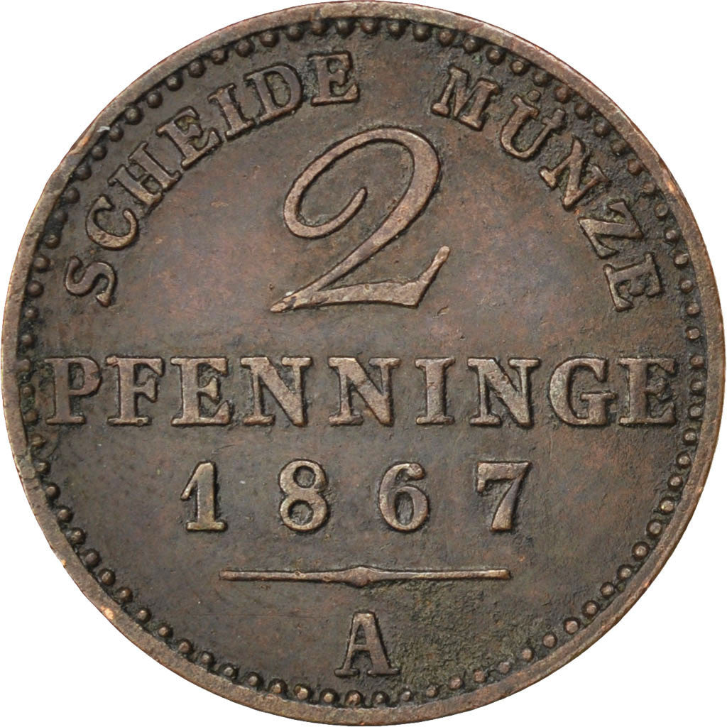 Coin, German States, PRUSSIA, Wilhelm I, 2 Pfennig, 1867, EF(40-45), Copper