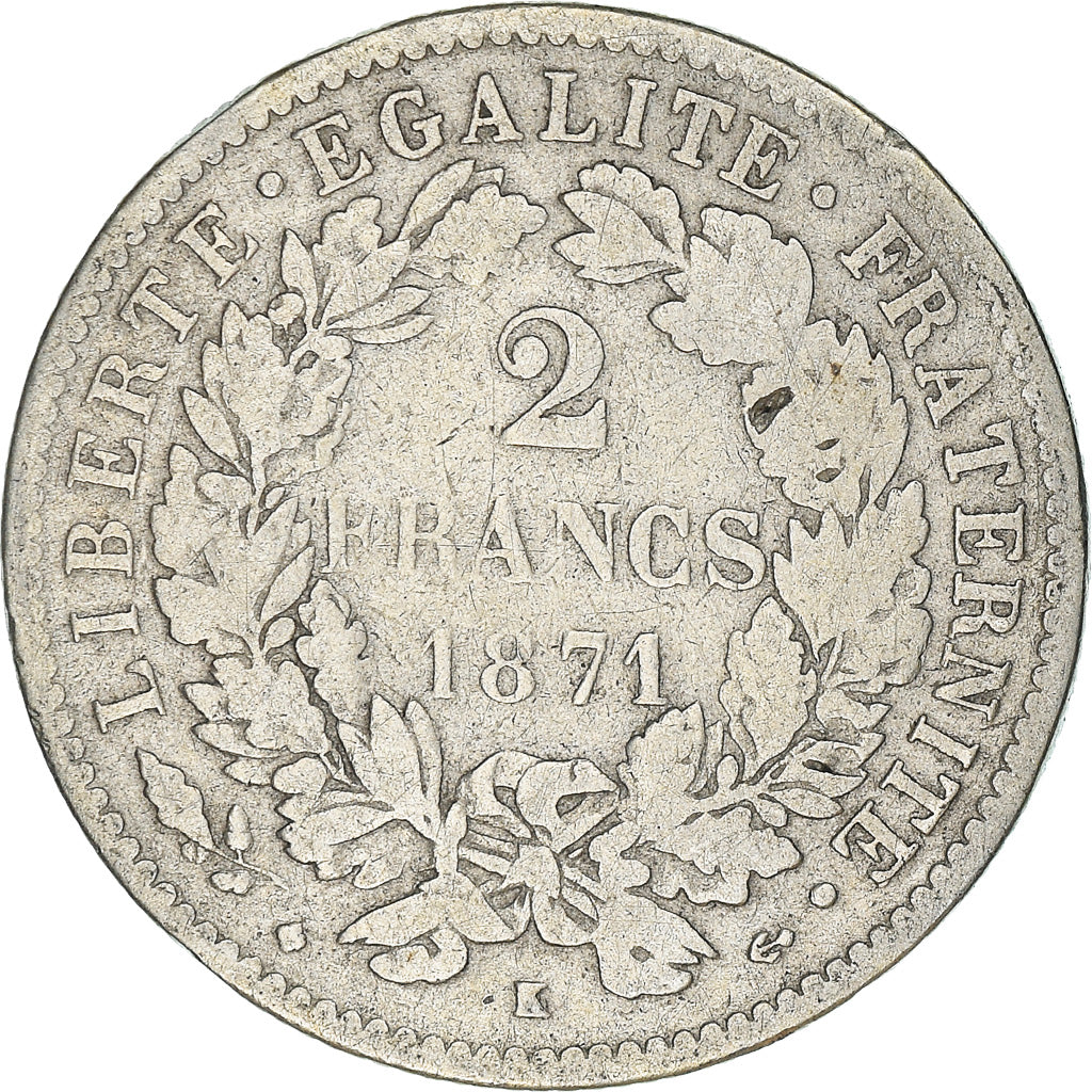 Coin, France, Cérès, 2 Francs, 1871, Bordeaux, VF(20-25), Silver, KM:817.2