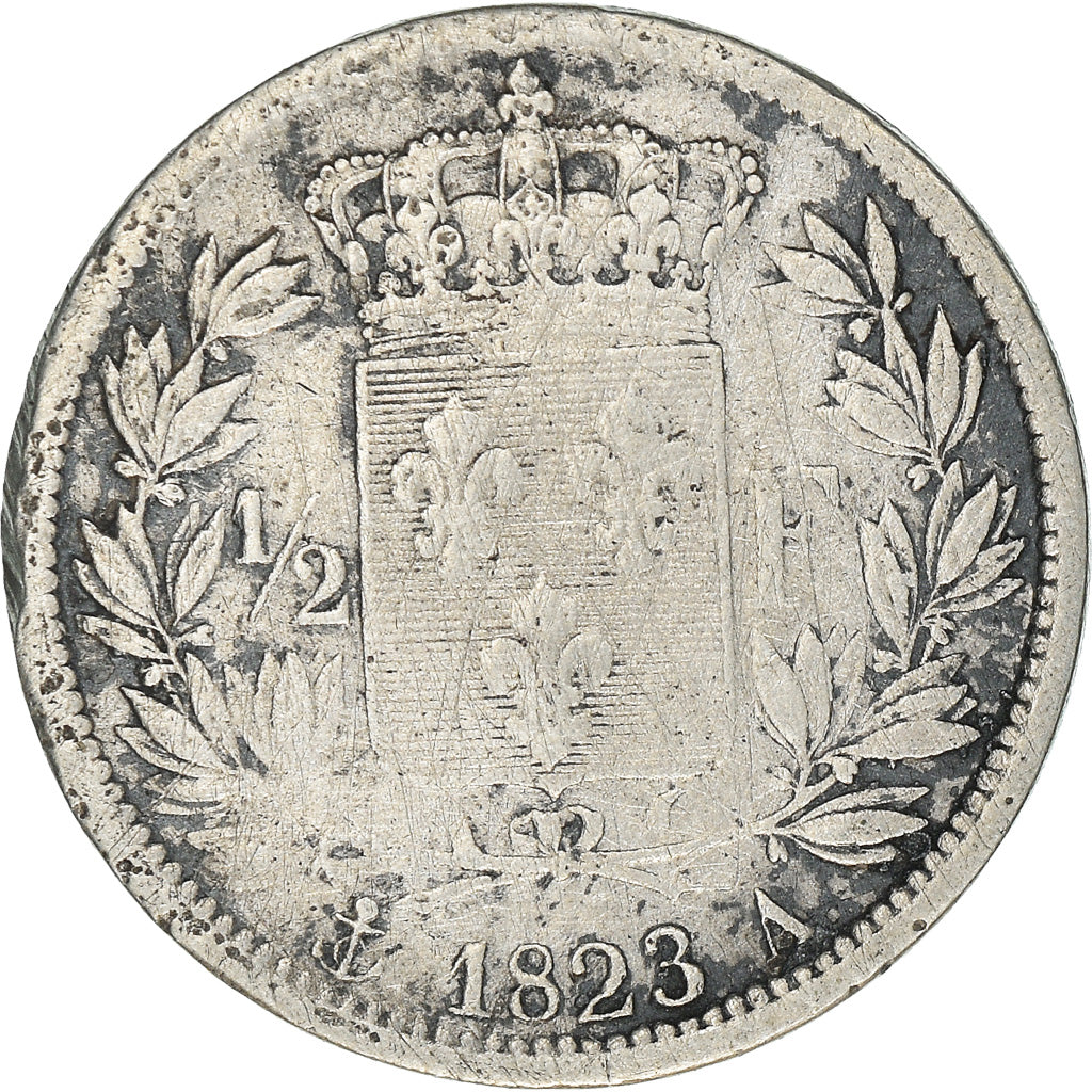 Moneda, Francia, Louis XVIII, Louis XVIII, 1/2 Franc, 1823, Paris, BC+, Plata