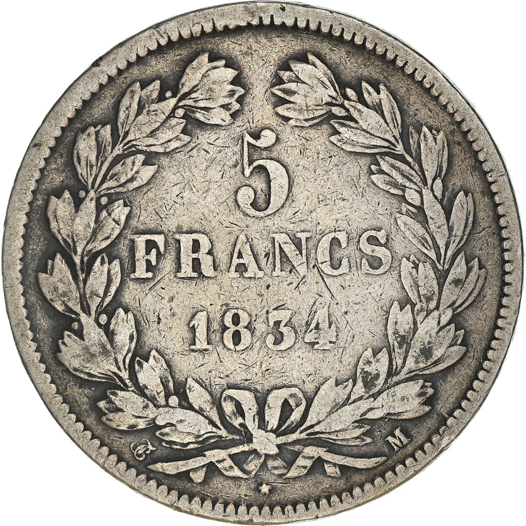 Moneda, Francia, Louis-Philippe, 5 Francs, 1834, Toulouse, BC+, Plata, KM:749.9