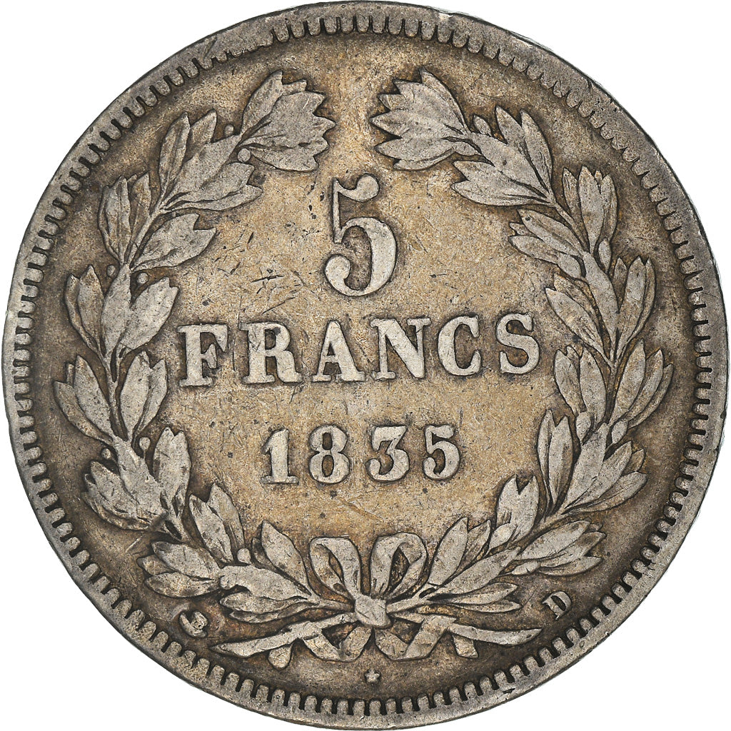 Coin, France, Louis-Philippe, 5 Francs, 1835, Lyon, VF(20-25), Silver, KM:749.4