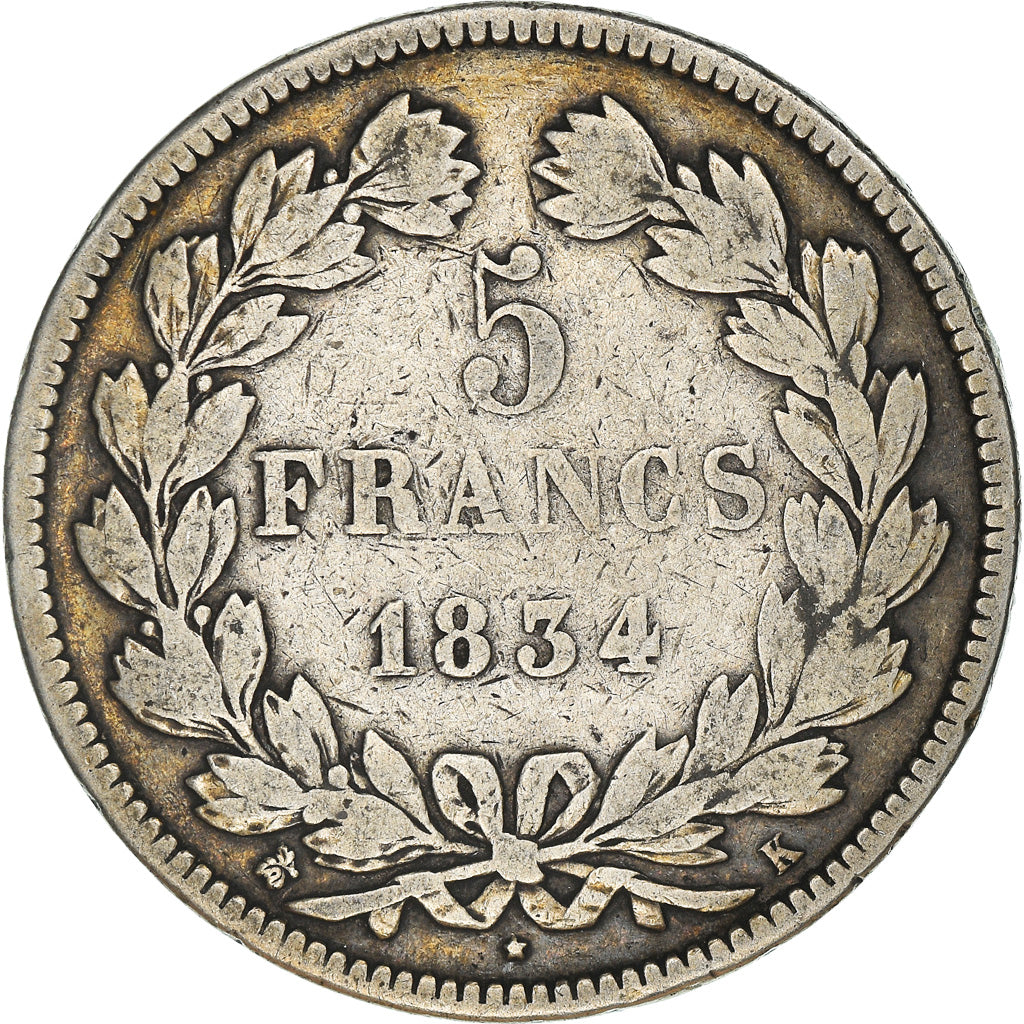 Coin, France, Louis-Philippe, 5 Francs, 1834, Bordeaux, VF(20-25), Silver