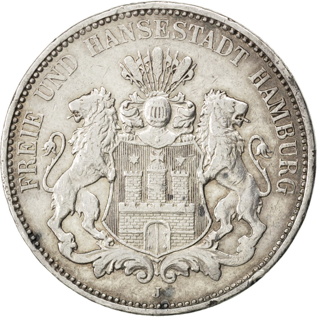 German States, 3 Mark, 1910, Hambourg, KM #620, EF(40-45), Silver, 33, 16.62