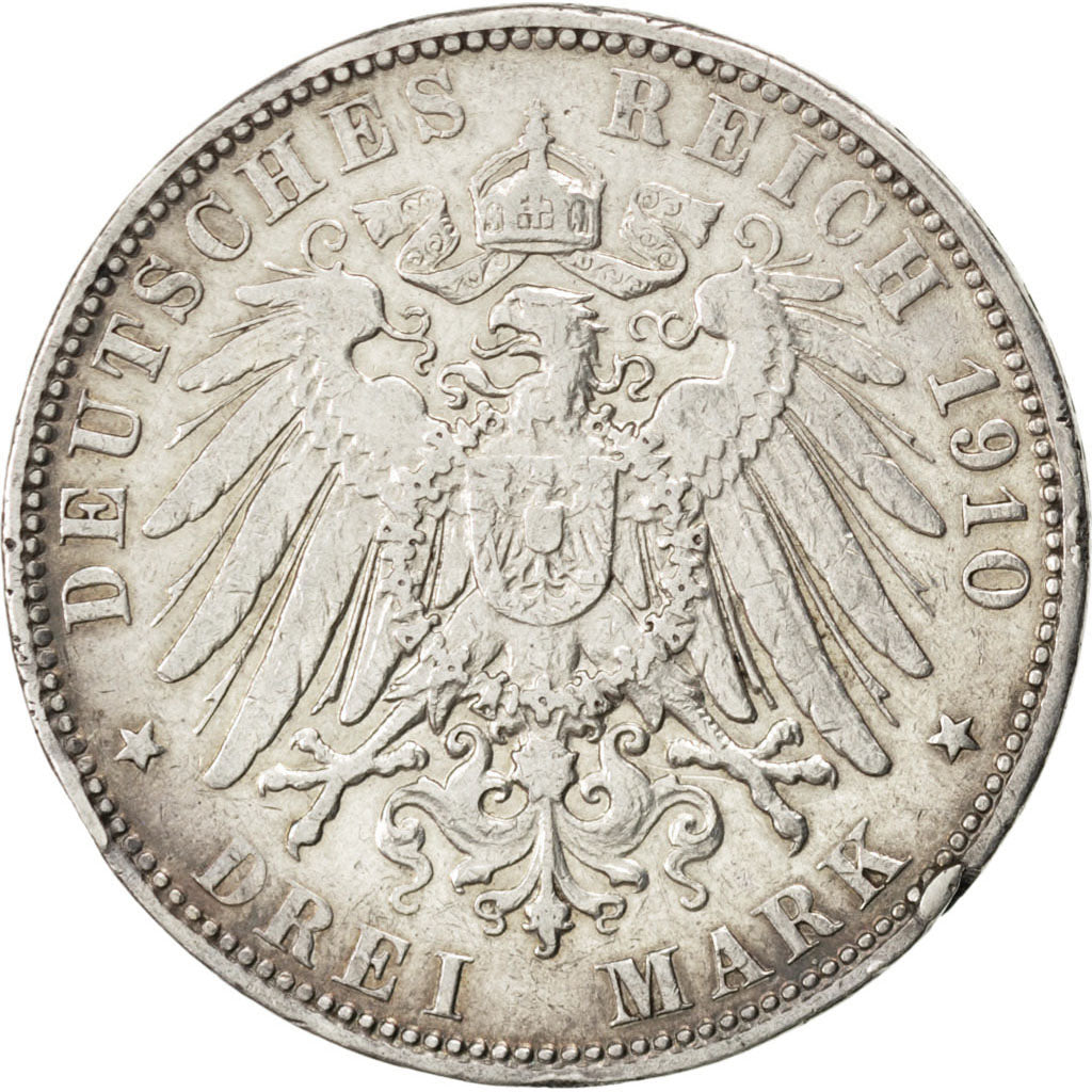 German States, 3 Mark, 1910, Hambourg, KM #620, EF(40-45), Silver, 33, 16.62