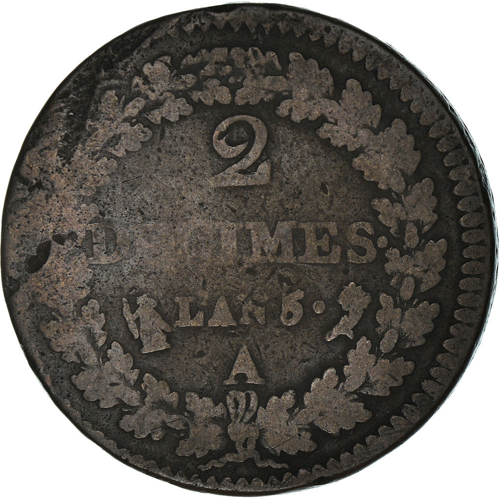 Moeda, França, Dupré, 2 Décimes, AN 5, Paris, VF(20-25), Bronze, KM:638.1