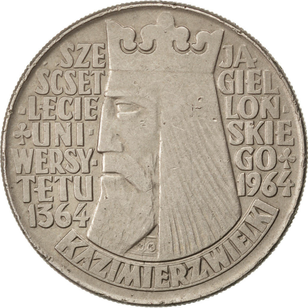 POLAND, 10 Zlotych, 1964, KM #52.1, EF(40-45), Copper-Nickel, 31, 12.88