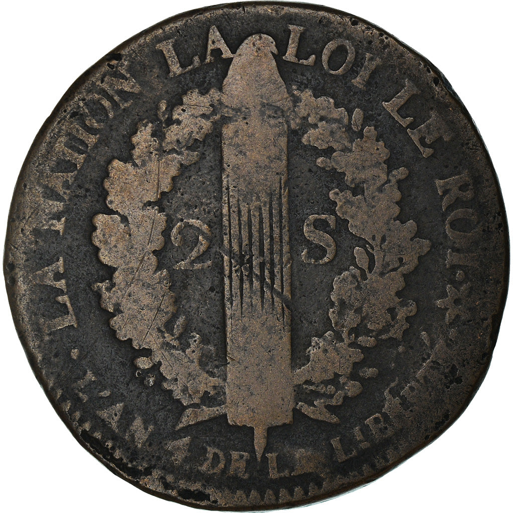 Moneda, Francia, 2 sols français, 2 Sols, 1792, Strasbourg, BC, Bronce, KM:612