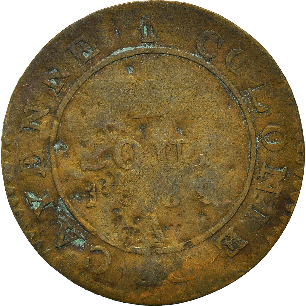 Coin, FRENCH GUIANA, 2 Sous, 1789, Paris, F(12-15), Billon, KM:1, Lecompte:20