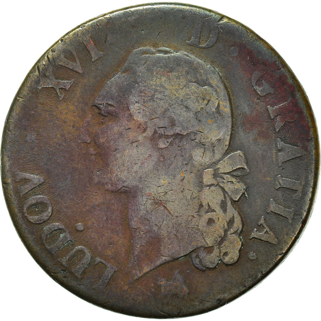 France, Louis XVI, Sol ou sou, Sol, 1791, Lyon, F(12-15), Copper, KM:578.5