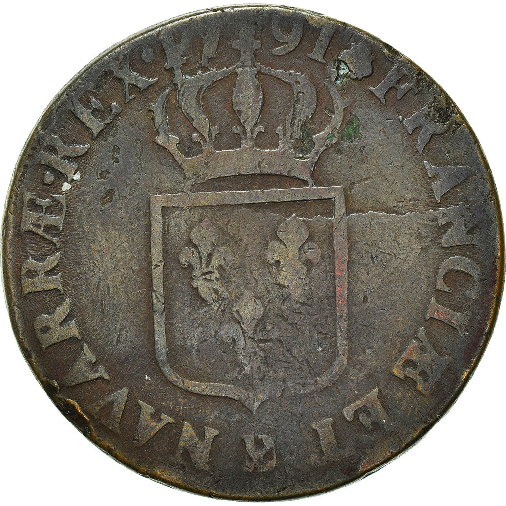 France, Louis XVI, Sol ou sou, Sol, 1791, Lyon, F(12-15), Copper, KM:578.5