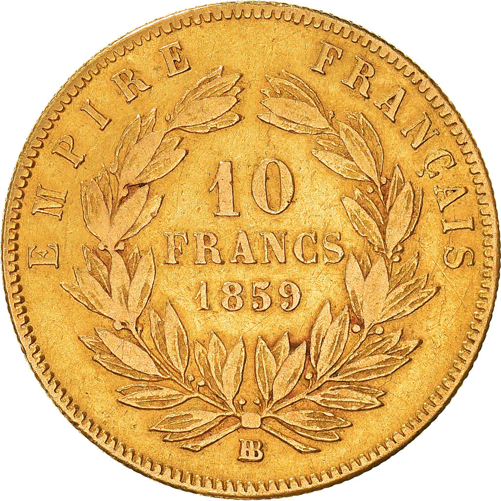 Moneda, Francia, Napoleon III, 10 Francs, 1859, Strasbourg, MBC, Oro, KM:784.2